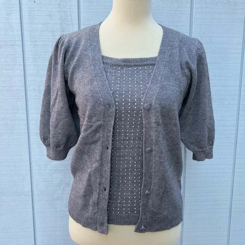 OnTwelfth Heather Gray Cardigan & Top Set Balloon Sleeve Viscose Blend